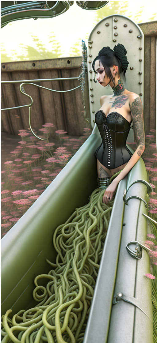 Digital artwork: Woman with tattoos in black corset, surreal setting with oversized pipes and pink flowers