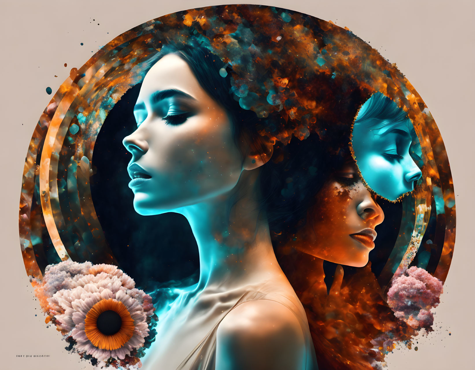 Surreal digital artwork featuring two female faces in profile with cosmic halo and floral elements