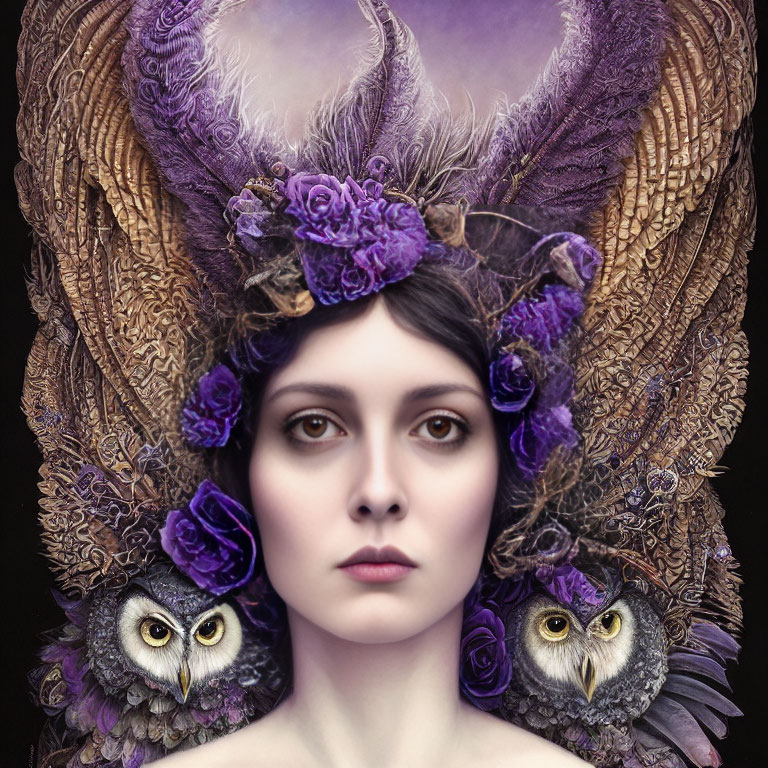 Woman adorned with purple flower headdress and owls on dark background