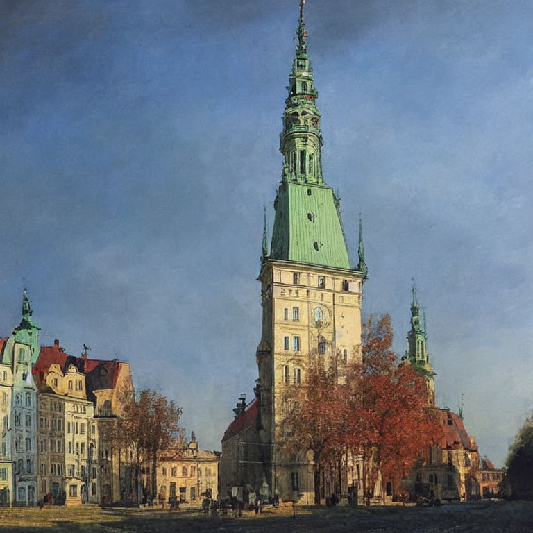 Historic European Square with Spired Building and Colorful Facades