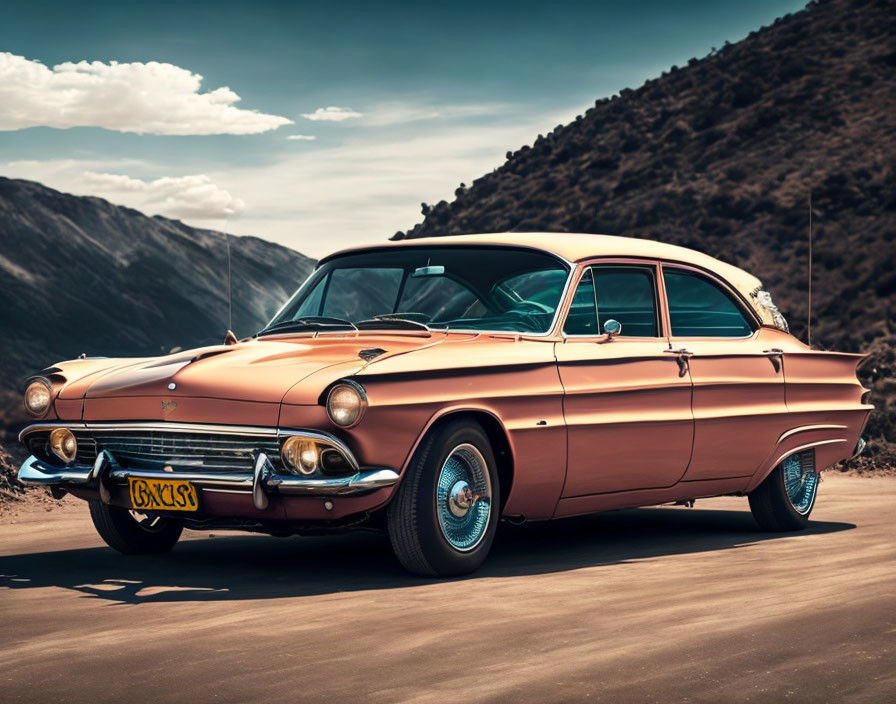 Vintage Orange Classic Car with White Top and Chrome Details on Desert Road