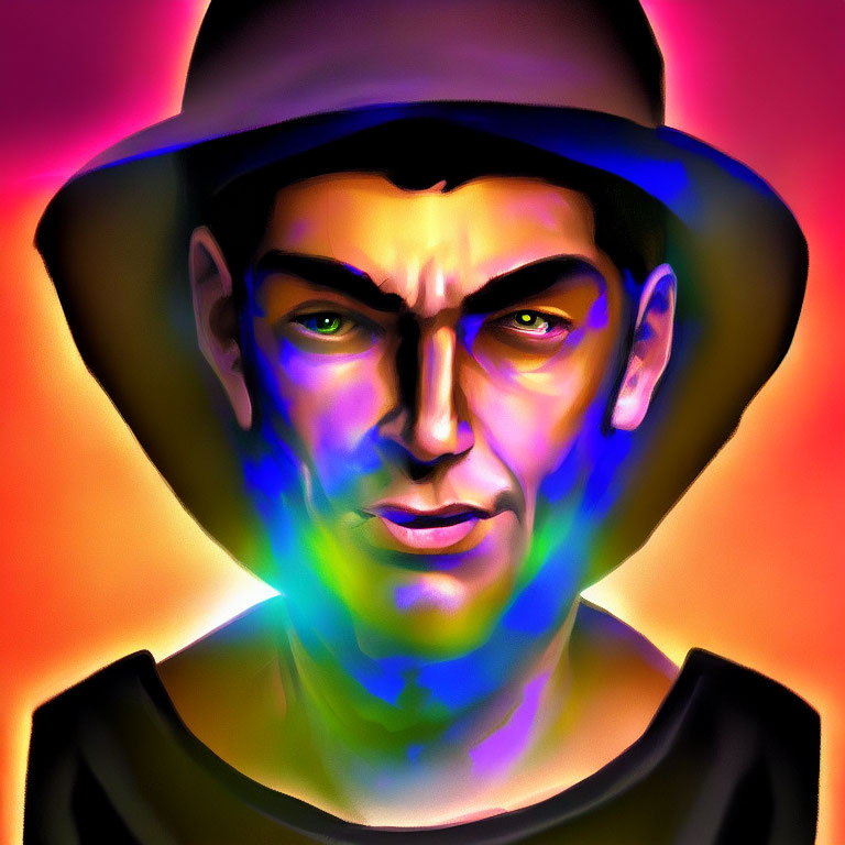 Colorful Neon-Lit Digital Portrait of Man with Hat