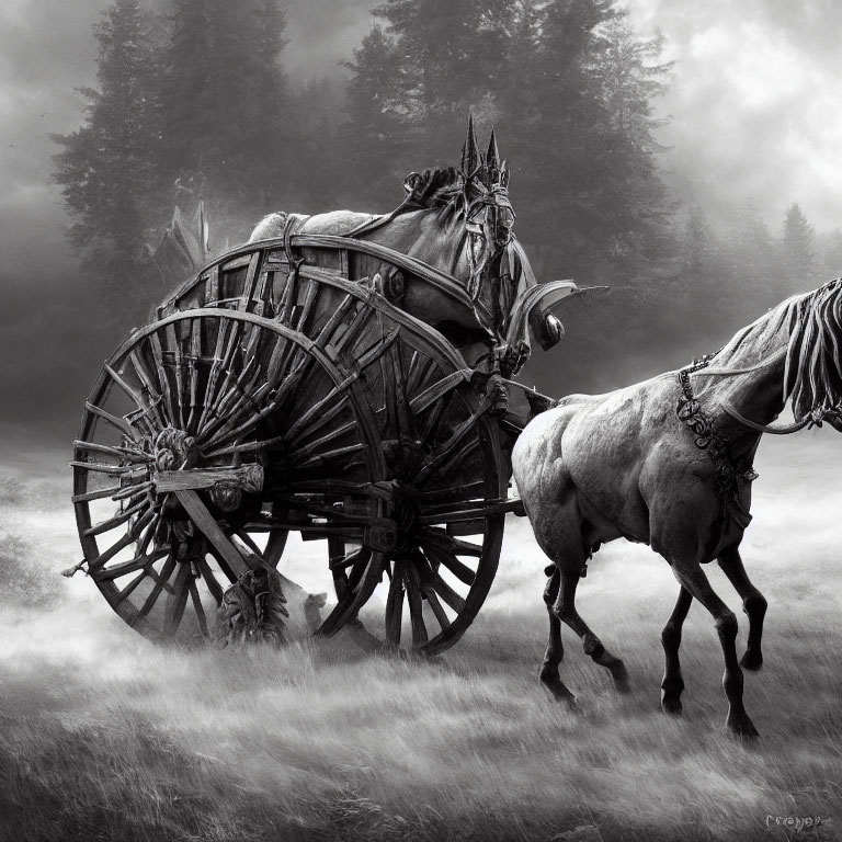 Monochromatic image of horses pulling wooden cart in misty forest