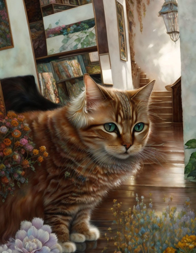 Realistic painting of long-haired tabby cat with green eyes by staircase and flowers