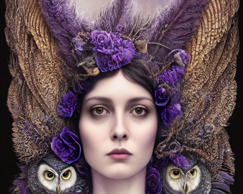 Woman adorned with purple flower headdress and owls on dark background