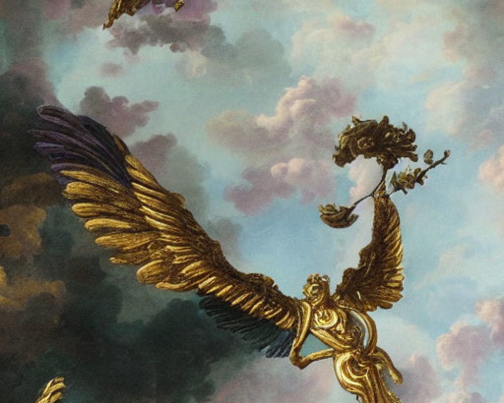 Majestic eagle in flight under mythological sky with figures above clouds