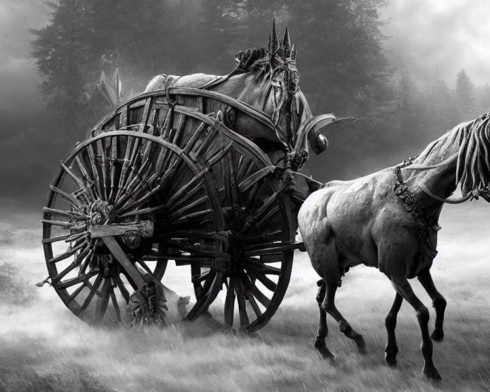 Monochromatic image of horses pulling wooden cart in misty forest