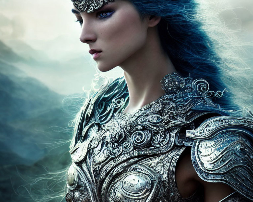 Blue-haired female warrior in ornate silver armor against misty mountain backdrop