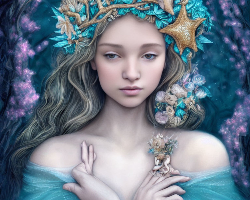 Whimsical portrait of a girl with long wavy hair in sea-themed crown and turquoise outfit