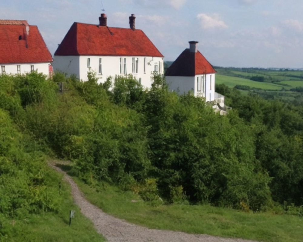 White House with Red Roofs on Lush Hill Overlooking Rural Landscape