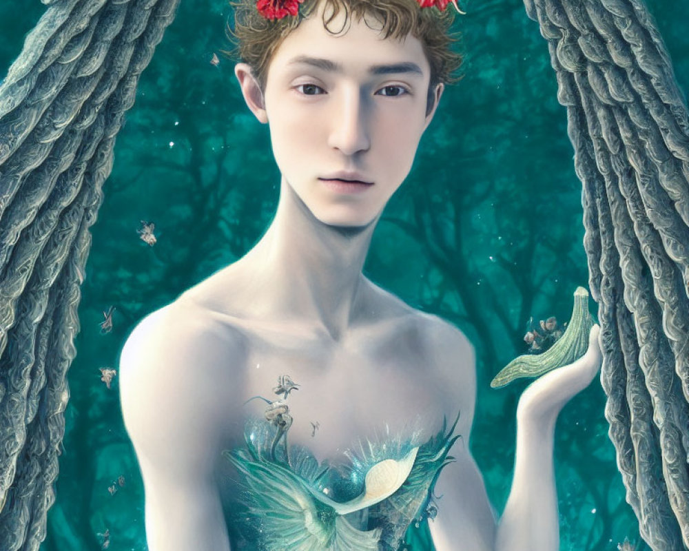 Illustration: Person with botanical features holding a bird in serene forest scene