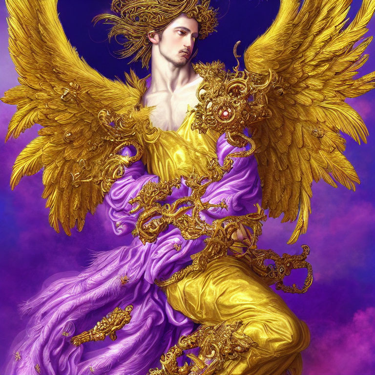 Majestic figure with golden wings and armor in purple robes on violet background