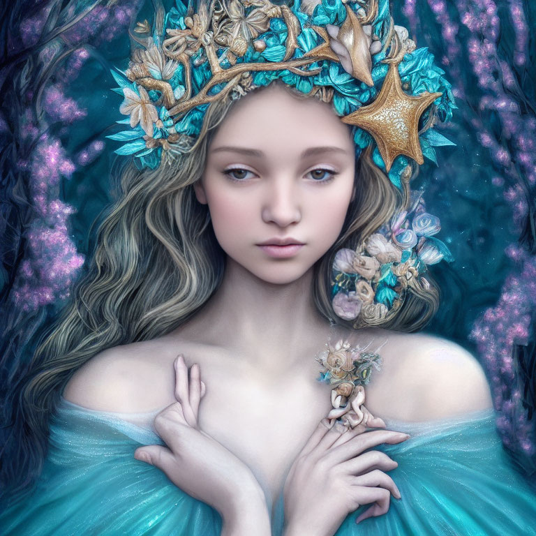 Whimsical portrait of a girl with long wavy hair in sea-themed crown and turquoise outfit