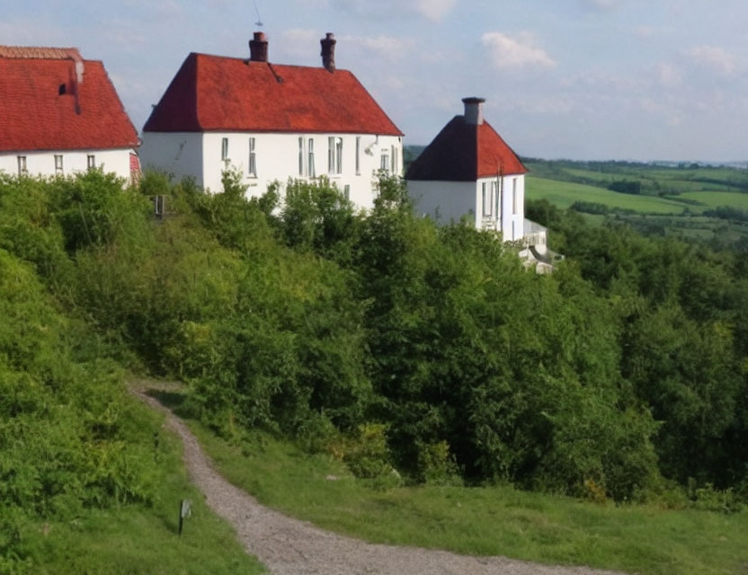 White House with Red Roofs on Lush Hill Overlooking Rural Landscape