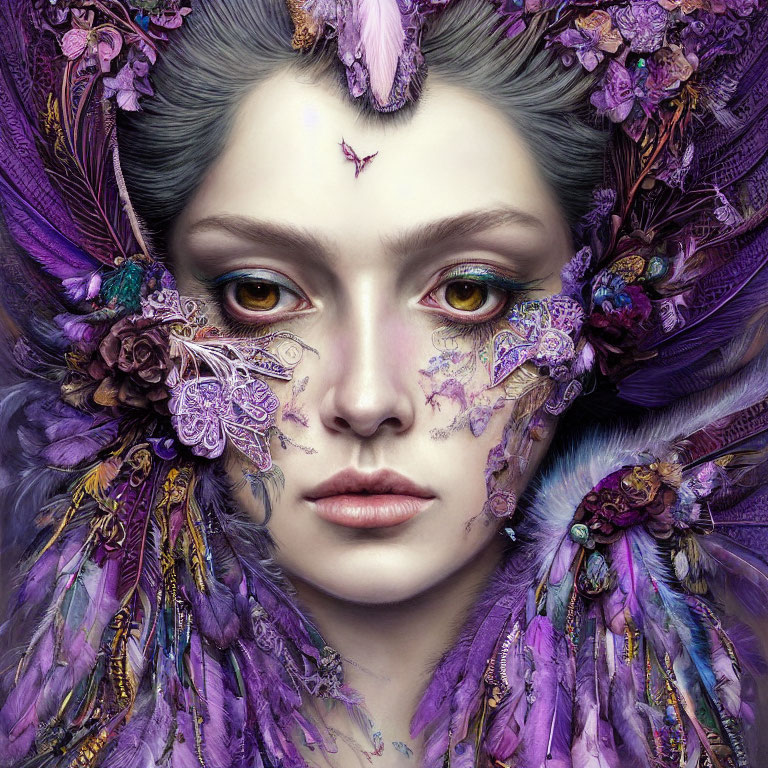 Intricate purple feather and floral adorned woman portrait