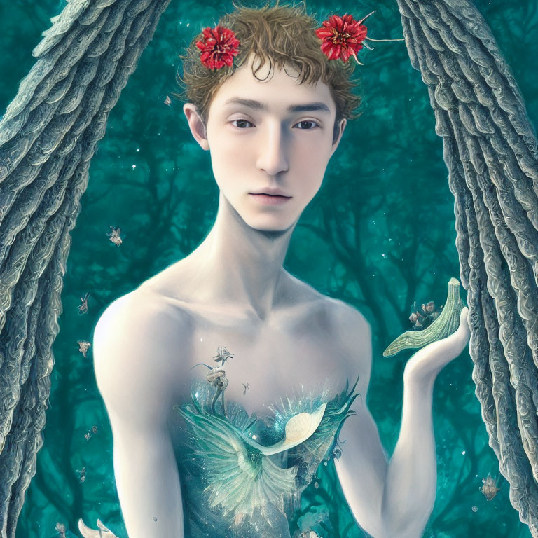 Illustration: Person with botanical features holding a bird in serene forest scene