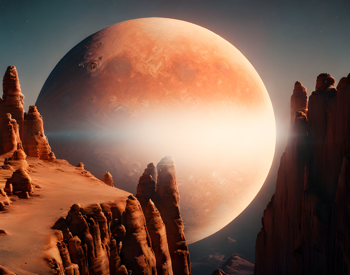 Surreal landscape with rocky spires and Jupiter-like planet in starlit sky