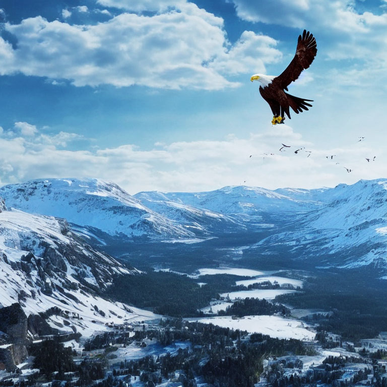 Eagle soaring above snowy mountain landscape with pine forests and buildings below