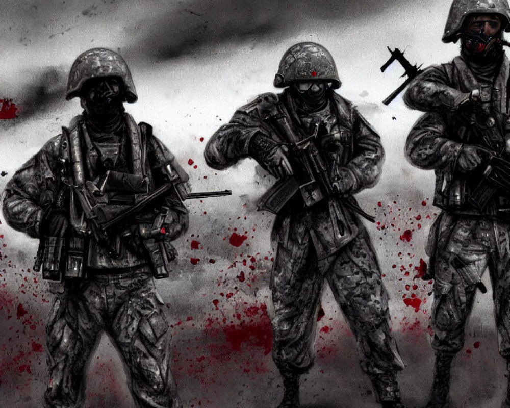 Three soldiers in combat gear with weapons in a stormy, blood-splattered scene