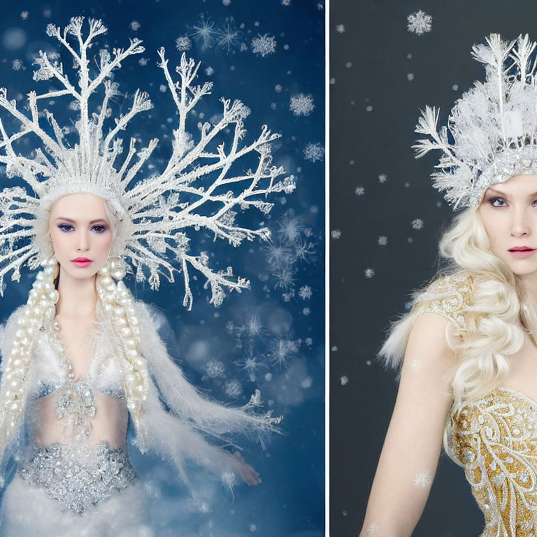 Snow Queen Costume with Snowflake Headdress and Snowy Backdrop