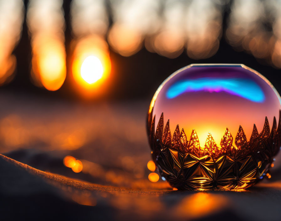 Detailed crystal ball reflecting sunset with warm bokeh effect