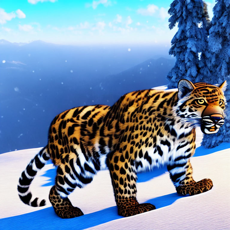 3D rendering of tiger in snowy landscape with pine trees