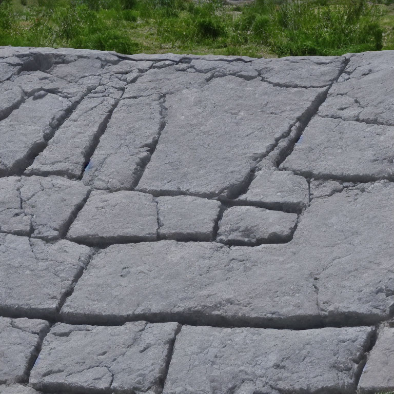 Detailed Close-Up of Uneven Gray Stone Slabs with Grass Background