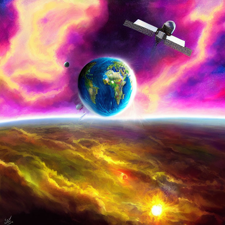 Colorful Earth Artwork with Satellite in Cosmic Space