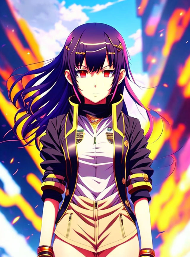 Purple-haired anime girl in black and yellow jacket with red eyes and fiery backdrop