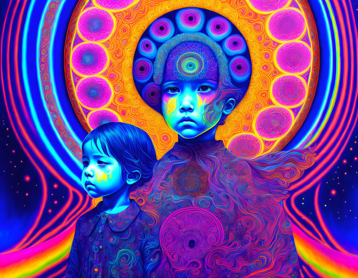 Colorful psychedelic illustration of two children in intricate patterns against radiant sun and fractal backdrop