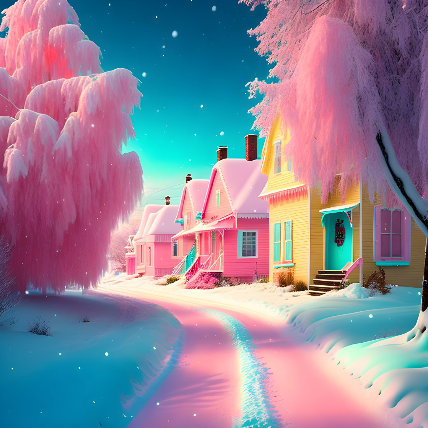 Vibrant pink and yellow houses in snow-covered twilight scene