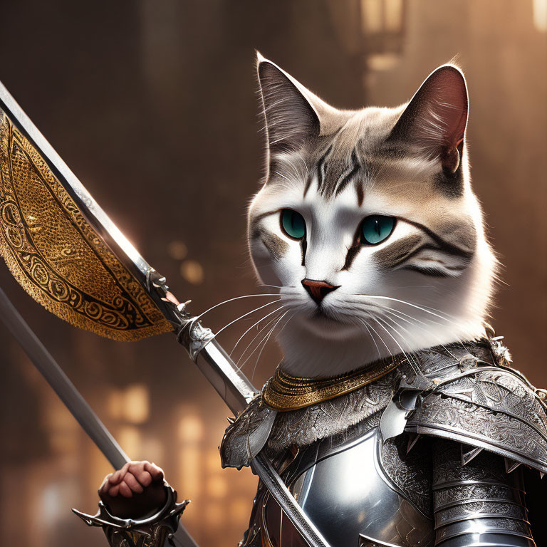 Turquoise-eyed cat in medieval armor with spear on fantasy backdrop