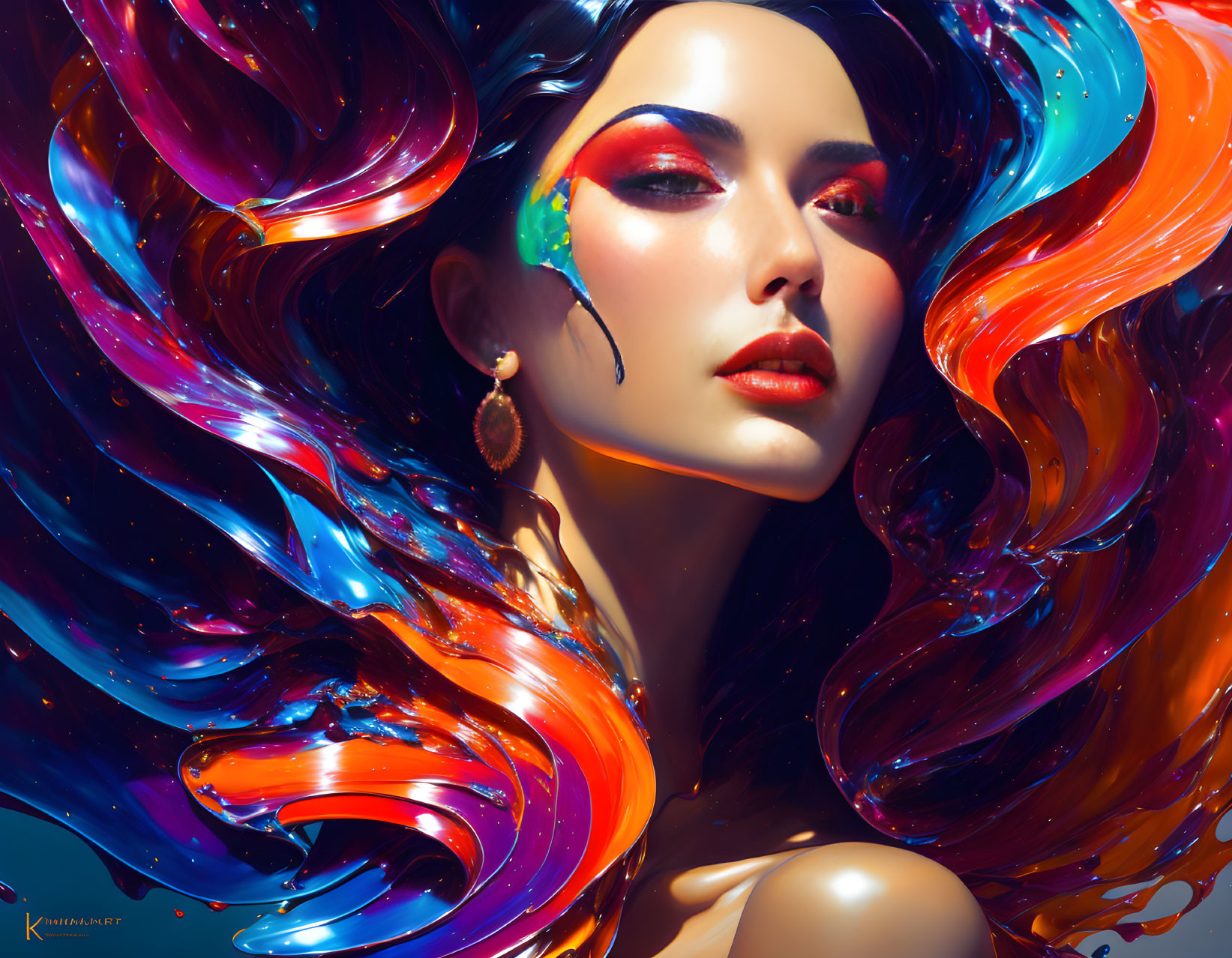 Colorful digital artwork featuring a woman with flowing hair and dramatic makeup in blue, red, and purple