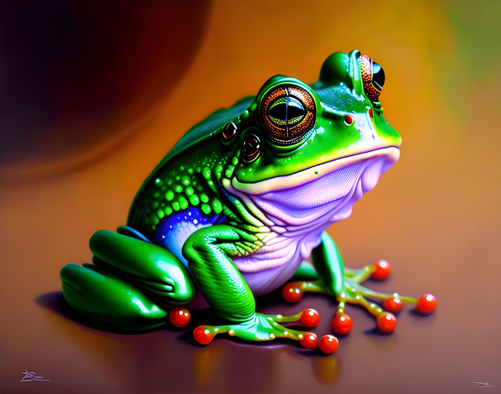 Colorful Illustration of Mechanic-Eyed Green Frog on Orange Background