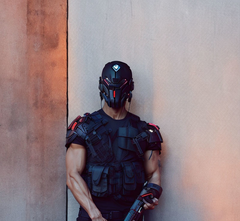 Person in Tactical Gear with Futuristic Helmet Stands Strong against Wall