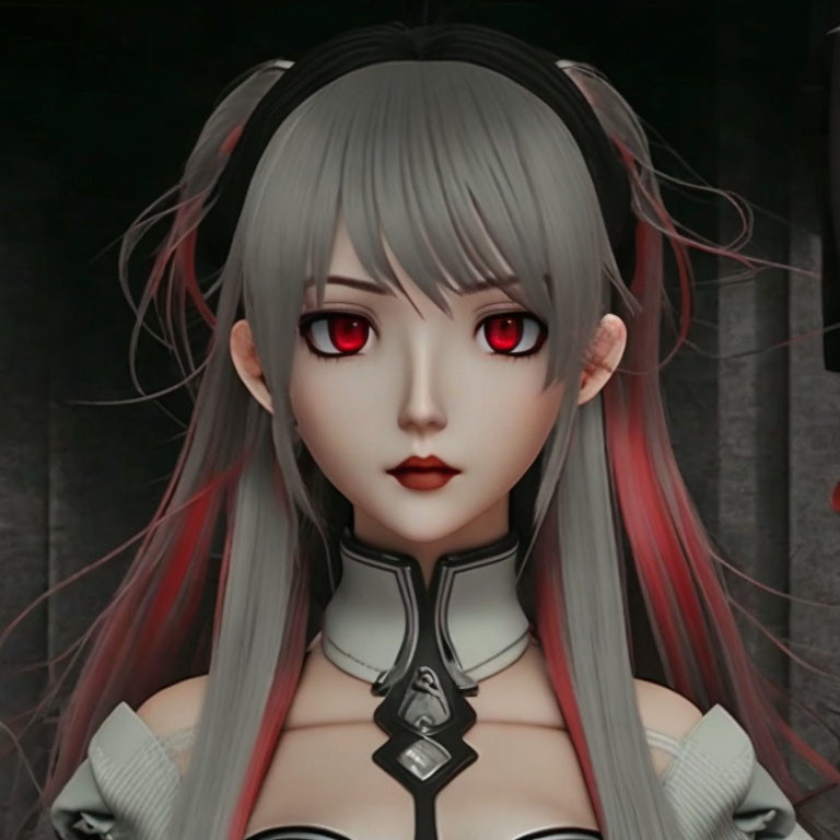 Digital Avatar: Pale Skin, Red Eyes, Gray Hair with Red Tips