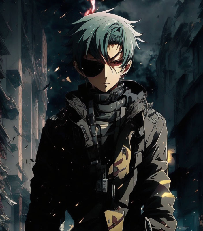 Teal-Haired Anime Character in Sunglasses with Fiery Background