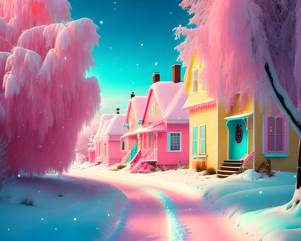 Vibrant pink and yellow houses in snow-covered twilight scene