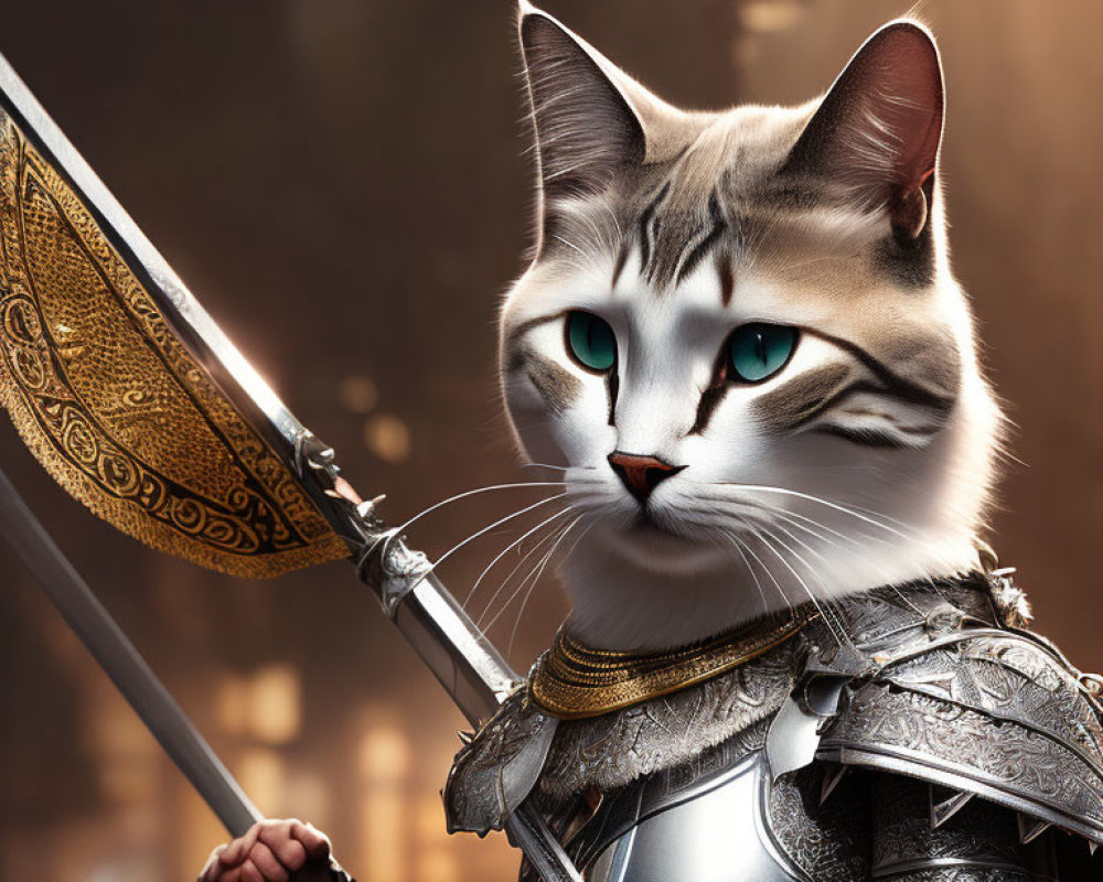 Turquoise-eyed cat in medieval armor with spear on fantasy backdrop