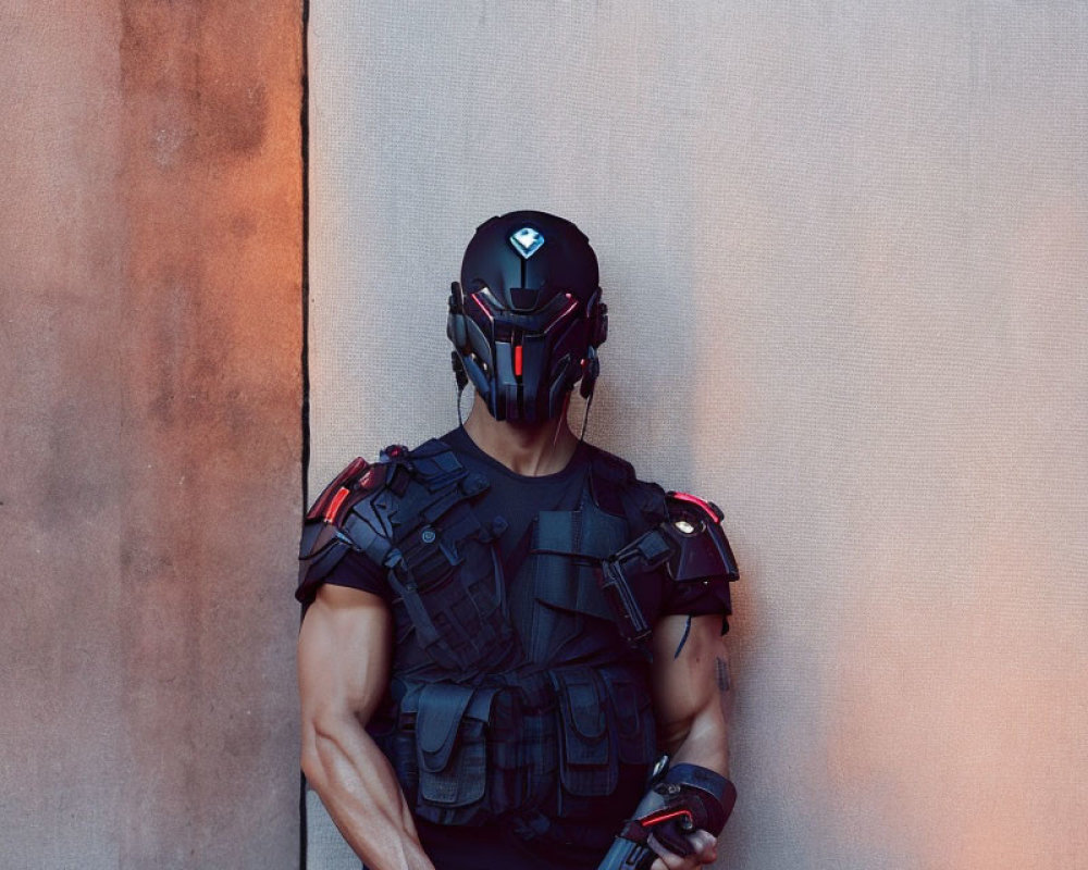 Person in Tactical Gear with Futuristic Helmet Stands Strong against Wall