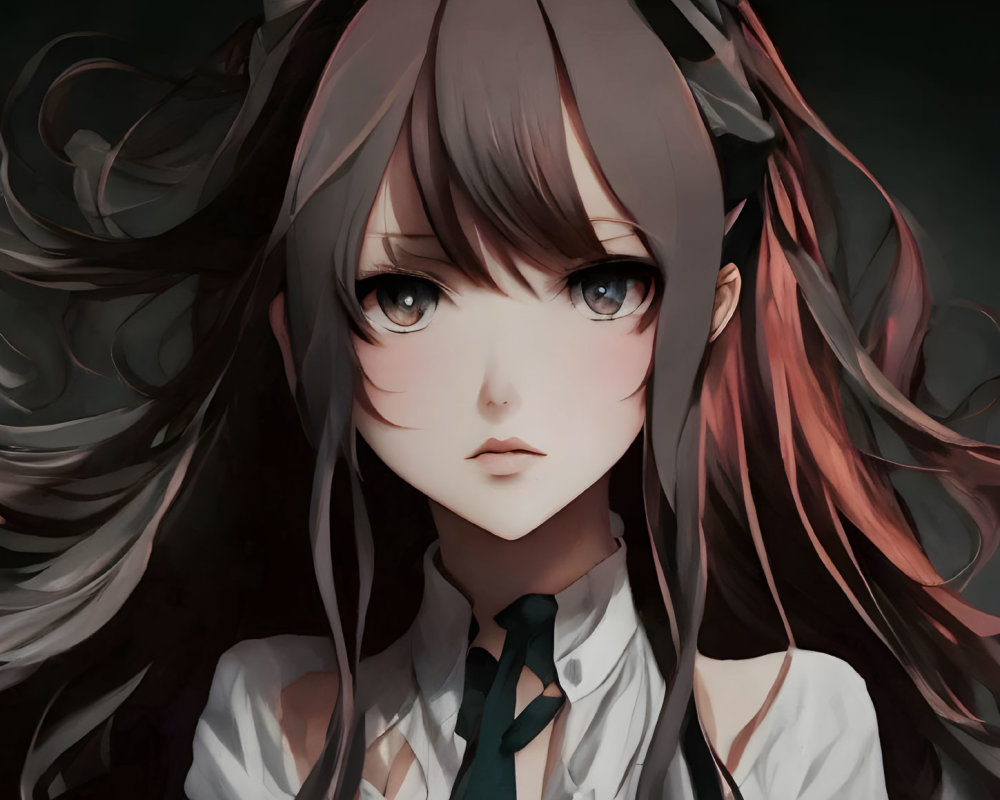 Anime girl with big eyes, brown hair, white ribbons, white blouse, green tie