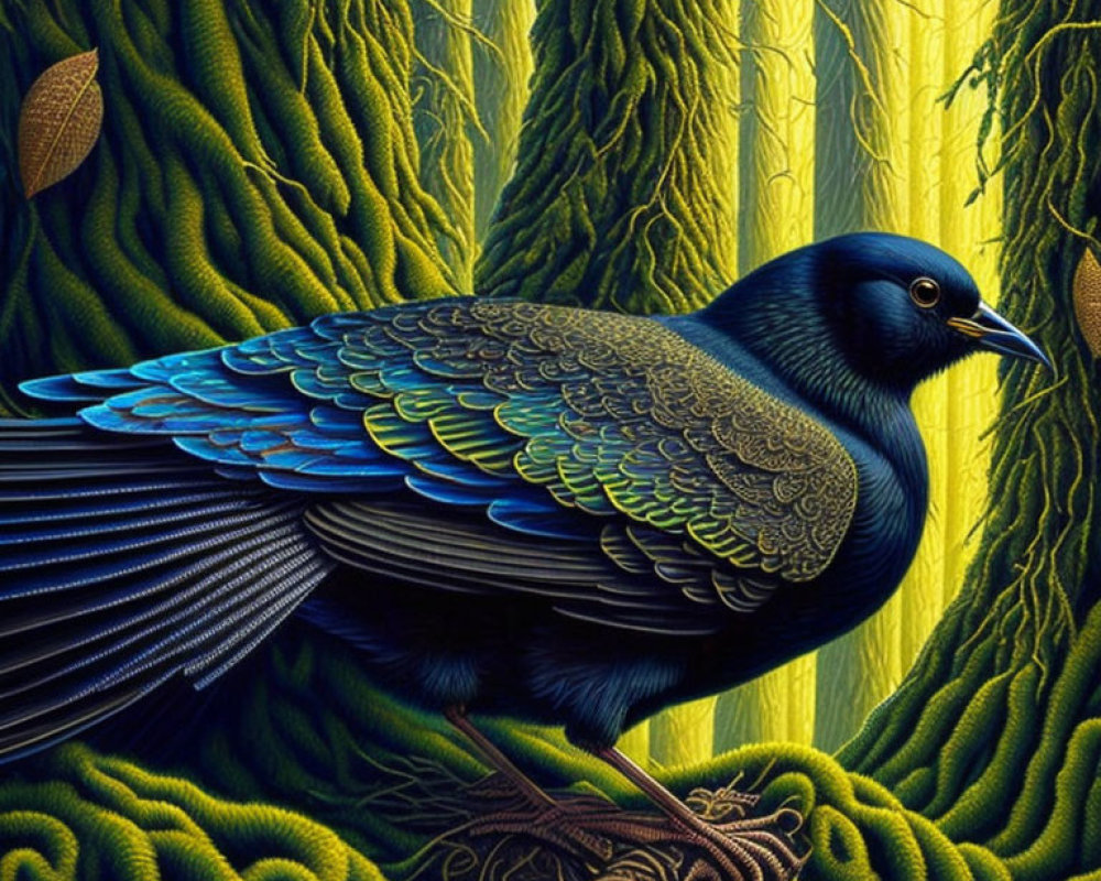 Colorful Illustration of Black Bird in Green Foliage with Feather Details