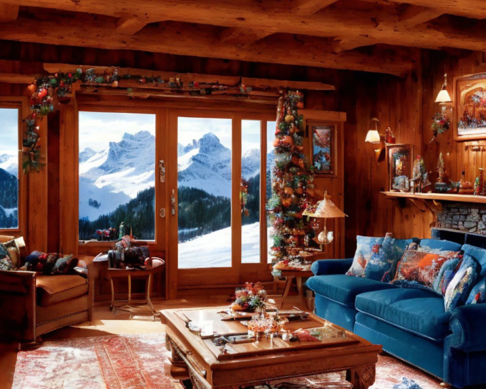 Rustic Cabin Interior with Blue Sofas & Snowy Mountain View