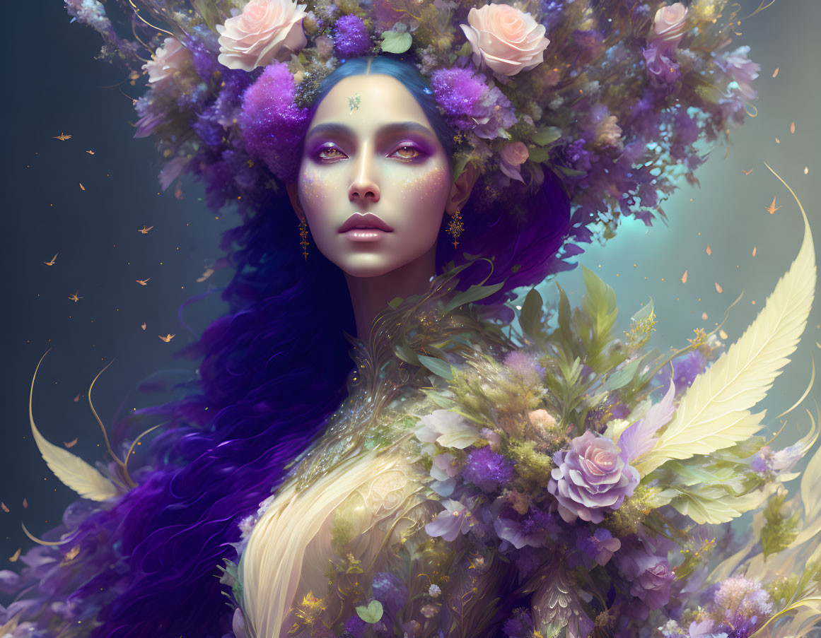 Ethereal woman with violet hair in floral and feather headdress