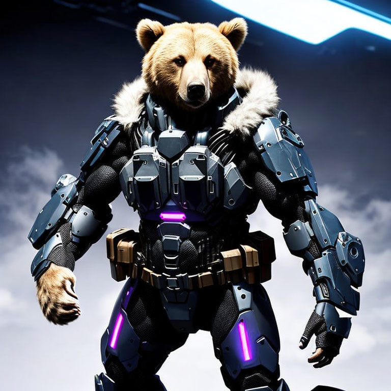 Bear in robotic armor with human posture in futuristic setting