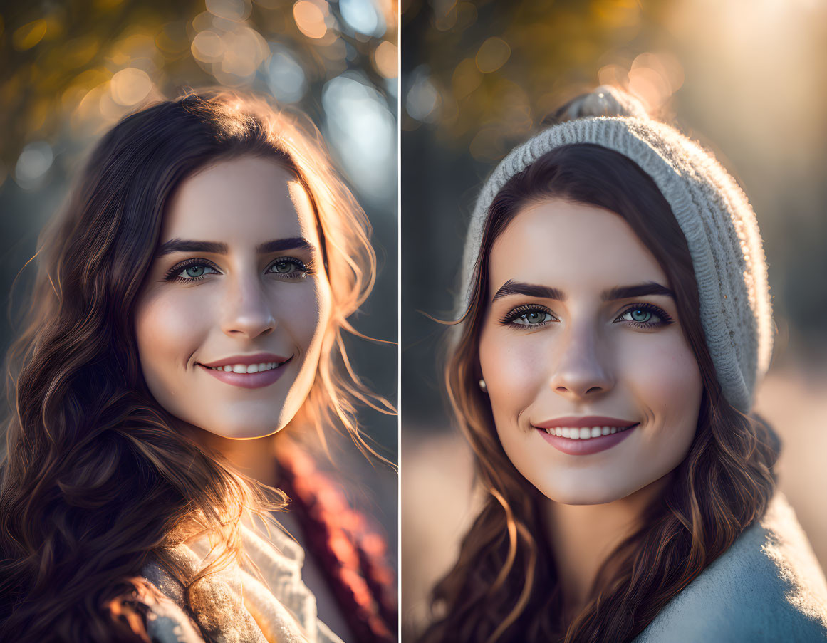 Long-haired woman in gray beanie smiling in autumn sunlight