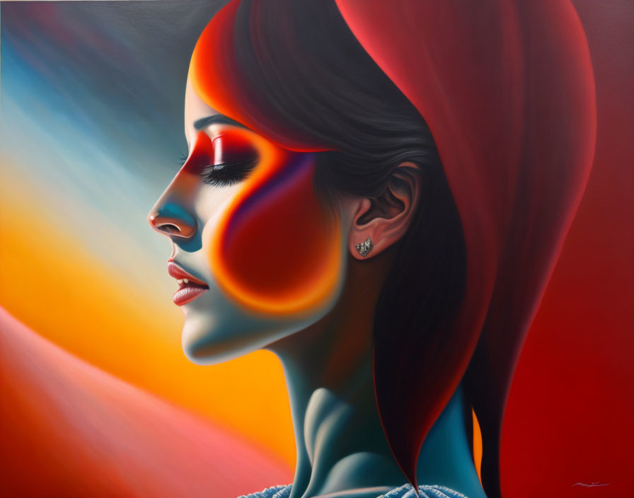 Colorful Stylized Portrait of Woman in Profile Against Abstract Background