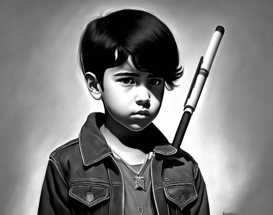 Monochrome artwork of young child in jacket with stick