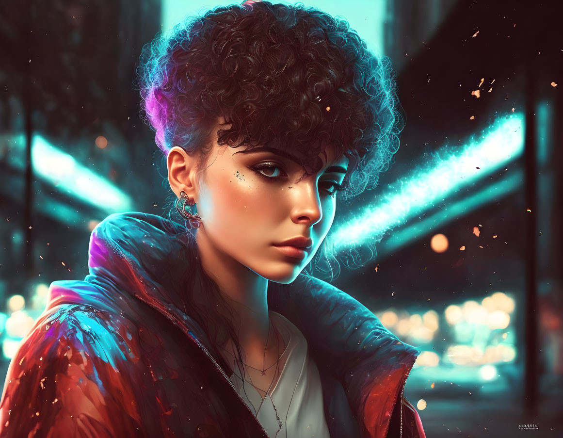 Digital Art Portrait: Woman with Curly Hair in Red Jacket, Neon Colors, Cityscape Background