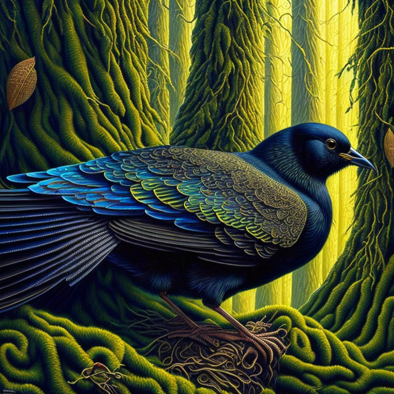 Colorful Illustration of Black Bird in Green Foliage with Feather Details